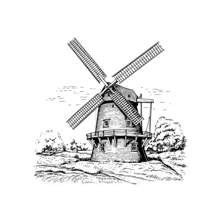 Téléchargez les illustrations : Vintage Windmill Line Art. Style dessiné à la main. Illustration vectorielle - en licence libre de droit