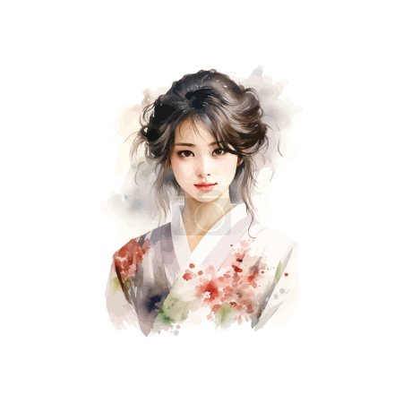 Traditional Asian Beauty Watercolor Portrait. Vector illustration design.