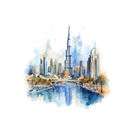 Dubai Cityscape Watercolor with Iconic Architecture watercolor style. Vector illustration design.