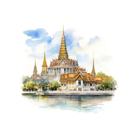 Watercolor Art of Bangkok's Temple of Dawn. Diseño de ilustración vectorial.