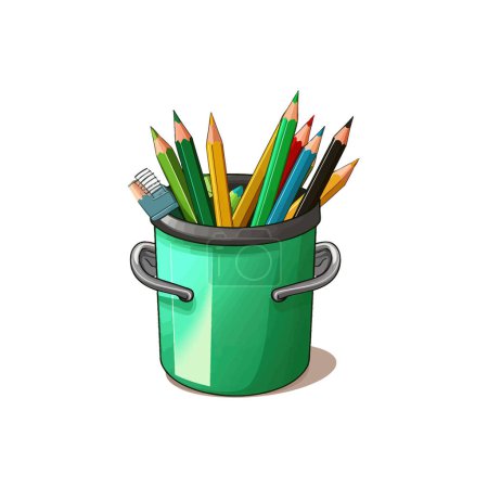 Crayons colorés en conteneur vert. Illustration vectorielle.
