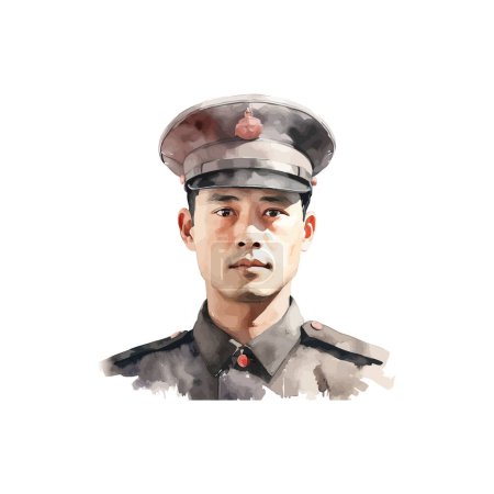 Aquarelle Portrait d'un jeune homme de la chaîne militaire. Illustration vectorielle.