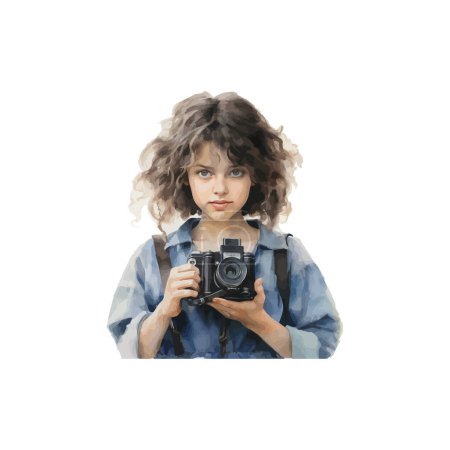 Young Photographer with Camera Watercolor Portrait. Vector illustration design.