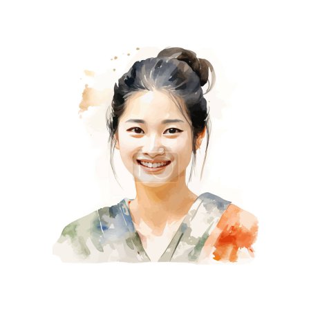 Watercolor Portrait of Smiling Asian Woman in Hanbok. Vector illustration design.