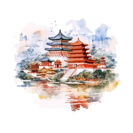 Chinese Temple and Bridge Watercolor Painting. Vector illustration design.