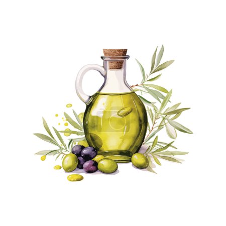 Watercolor Olive Oil and Mixed Olives Composition. Vector illustration design.