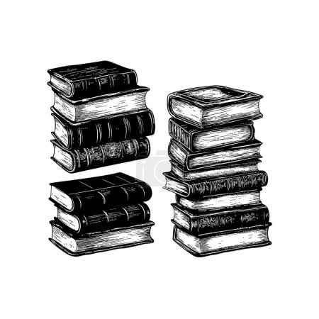 Libros apilados en blanco y negro vintage Estilo dibujado a mano. Diseño de ilustración vectorial