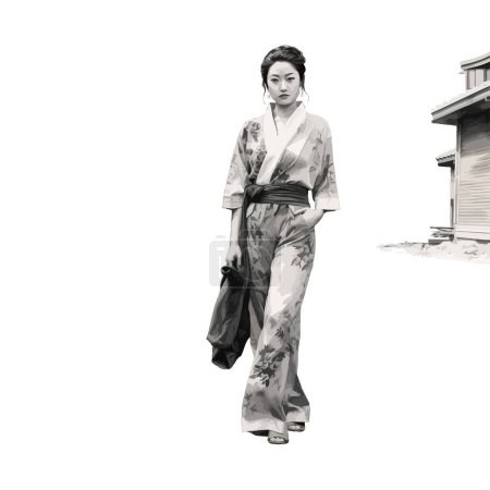 Traditionelle japanische Kimono-Mode im Aquarellstil. Vektor-Illustrationsdesign.