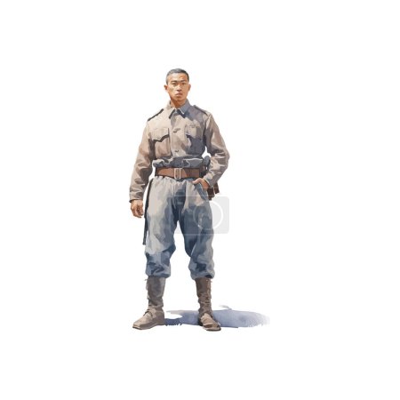 Selbstbewusster Soldat in Militäruniform Standing Aquarell Stil. Vektor-Illustrationsdesign.