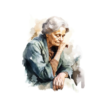 Illustration for Thoughtful Elderly Woman Watercolor Illustration. Vector illustration design. - Royalty Free Image