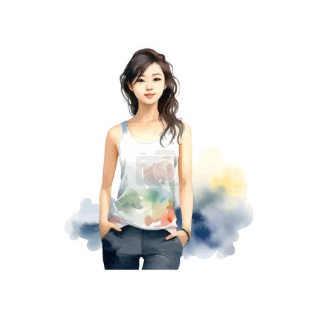 Elegant Young asian Lady watercolor style. Vector illustration design.