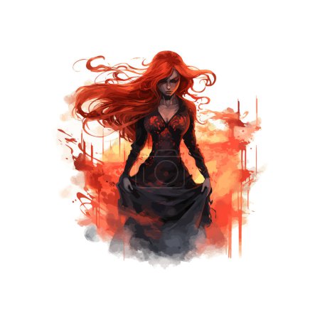 Femme aux cheveux rouges à l'aquarelle avec un regard intense. Illustration vectorielle.