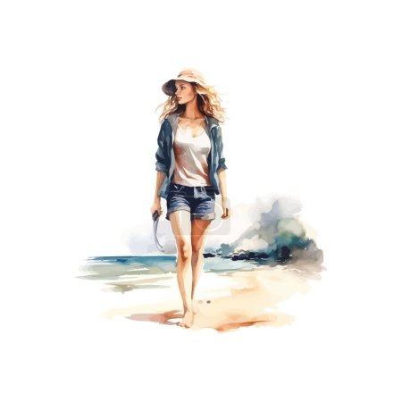 Mujer caminando en la playa con estilo acuarela Summer Flair. Diseño de ilustración vectorial.