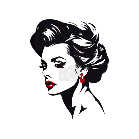 Téléchargez les illustrations : Graphic Black and White Portrait of Woman with Red Accents. Illustration vectorielle. - en licence libre de droit