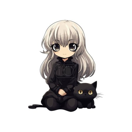 Anime Girl with Black Cat Companion. Vector illustration design. Vector illustration design.