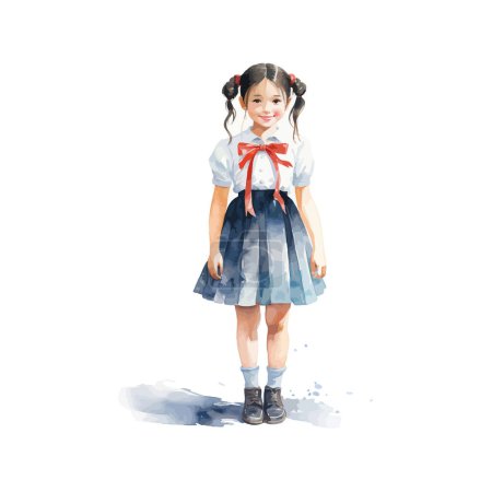 Watercolor Painting of Smiling asian Schoolgirl. Vector illustration design.