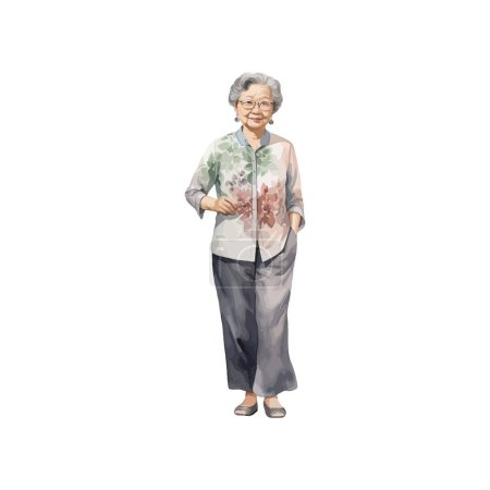 Heitere ältere Asiatin in Blumenbluse-Aquarell. Vektor-Illustrationsdesign.