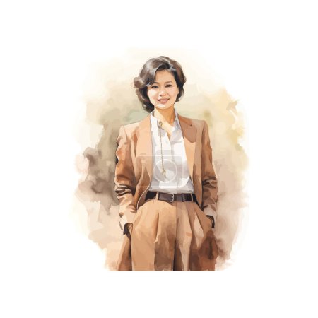 Elegante mujer asiática joven en traje de negocios vintage acuarela. Diseño de ilustración vectorial.