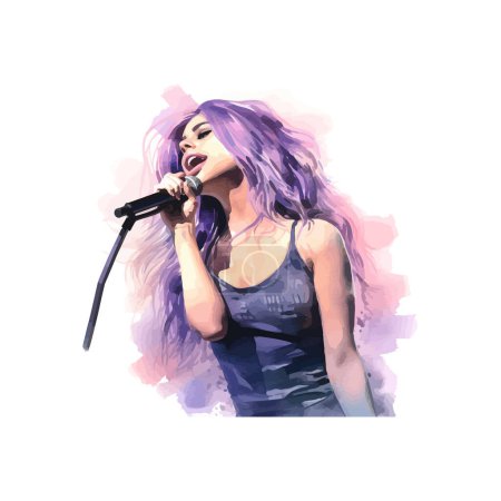Cantante femenina expresiva con estilo de acuarela de pelo púrpura. Diseño de ilustración vectorial.