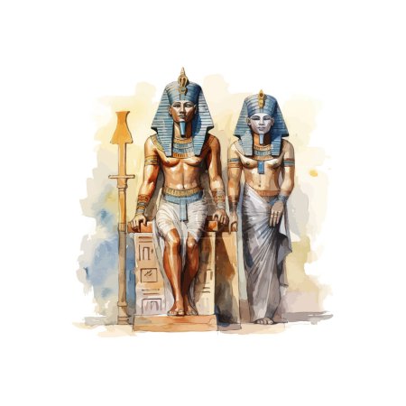 Ancienne égyptienne Pharaon et Reine Statues Art aquarelle style. Illustration vectorielle.