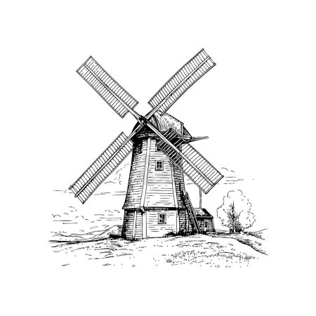 Téléchargez les illustrations : Dessin de moulin à vent rustique au stylo et à l'encre. Style dessiné à la main. Illustration vectorielle - en licence libre de droit