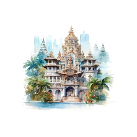 Intricate Temple Architecture Watercolor Art. Vector illustration design.