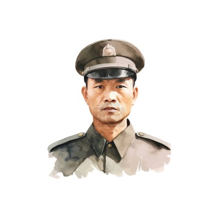 Reflective Military Asian Officer in Watercolor Style. Vector illustration design.