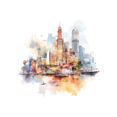 Abstract Watercolor Skyline of Hong Kong Harbor watercolor style. Vector illustration design.