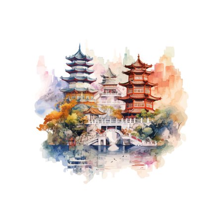 Paysage d'aquarelle de pagodes chinoises traditionnelles. Illustration vectorielle.
