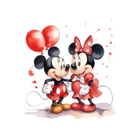 Mickey y Minnie Mouse Dibujos animados estilo acuarela. Diseño de ilustración vectorial.