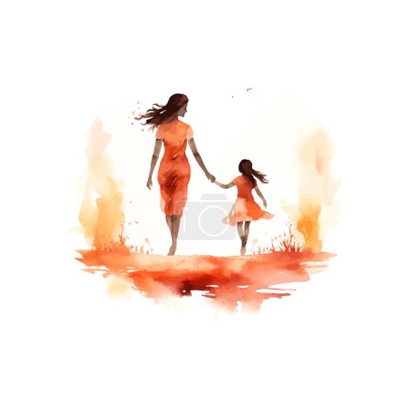 Sonnenuntergang Aquarell Gemälde von Mutter und Kind beim Gehen. Vektor-Illustrationsdesign.