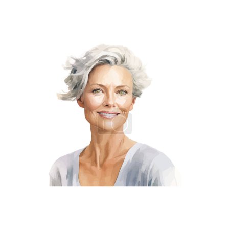 Femme mature rayonnante avec sourire confiant style aquarelle Portrait. Illustration vectorielle.
