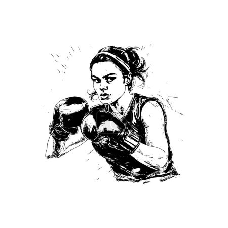 Boxer féminin concentré en action Croquis Style dessiné à la main. Illustration vectorielle