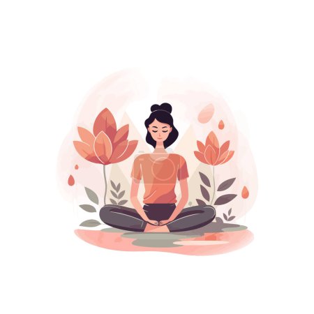 Woman Meditating Peacefully Among Floral Elements. Vector illustration design.