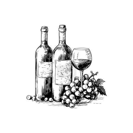 Weinflaschen und Glasskizze von Hand gezeichnet. Vektor-Illustrationsdesign