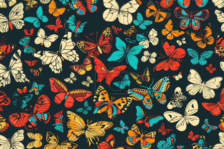 Bunte Schmetterlingsmuster auf dunklem Hintergrund. Vektor-Illustrationsdesign.