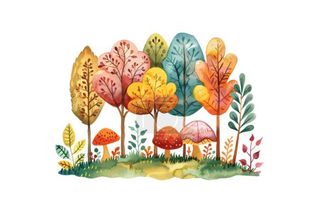 Ilustración de Árboles de acuarela otoñales con detalles del suelo del bosque. Diseño de ilustración vectorial. - Imagen libre de derechos