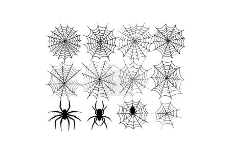 Sammlung von Spinnennetzen und Spinnensilhouetten. Vektor-Illustrationsdesign.