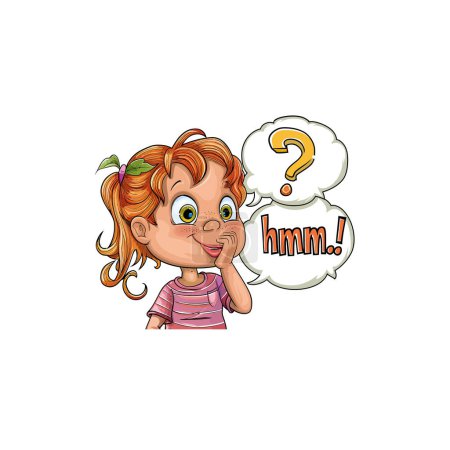 Neugierige Cartoon Girl mit Fragezeichen Gedankenblase. Vektor-Illustrationsdesign.