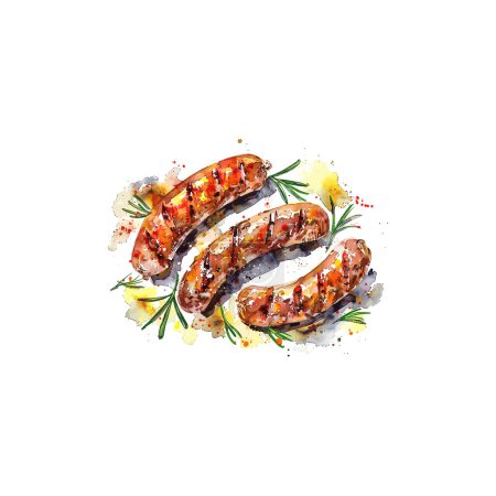 Téléchargez les illustrations : Art aquarelle de saucisses grillées aux herbes. Illustration vectorielle. - en licence libre de droit