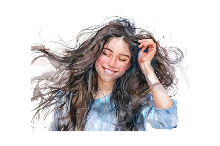 Téléchargez les illustrations : Portrait aquarelle d'une femme souriante aux cheveux fluides. Illustration vectorielle. - en licence libre de droit
