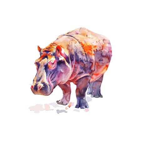 Vivid Watercolor Painting of a Reflective Hippo. Vector illustration design.