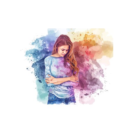 Illustration for Contemplative Woman with Colorful Watercolor Backdrop. Vector illustration design. - Royalty Free Image