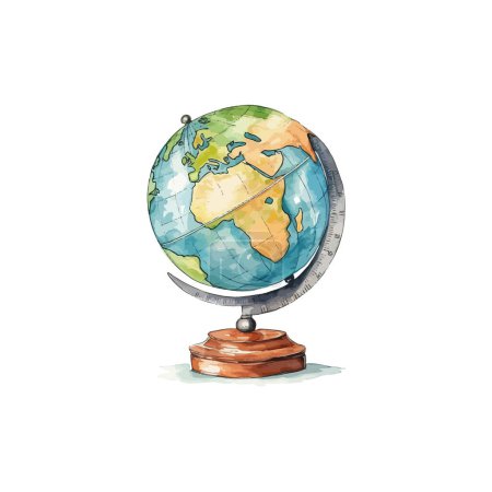 Watercolor World Globe with Wooden Base. Vector illustration design.
