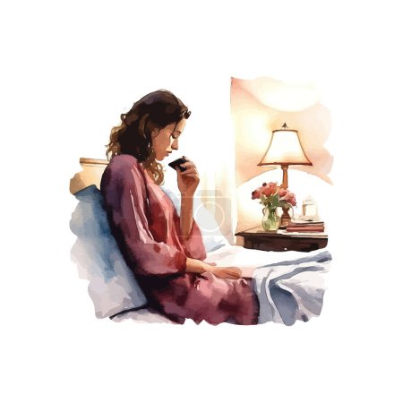 Femme Contemplant avec Peinture Aquarelle Café. Illustration vectorielle.