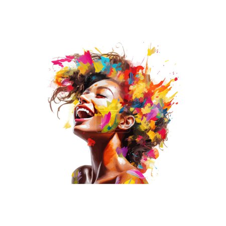 Femme riant avec art capillaire abstrait coloré. Illustration vectorielle.