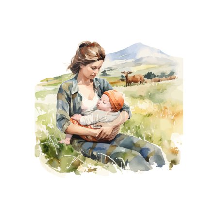 Mother and Infant in Countryside. Vector illustration design.