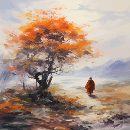 Ilustración de Monje caminando bajo la pintura del árbol de otoño. Diseño de ilustración vectorial. - Imagen libre de derechos