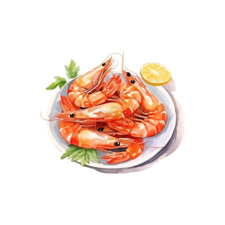 Fresh Cooked Shrimp Plate with Lemon and Parsley. Vector illustration design.