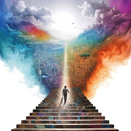 Man Ascending Staircase to Colorful Abstract Sky. Vector illustration design.